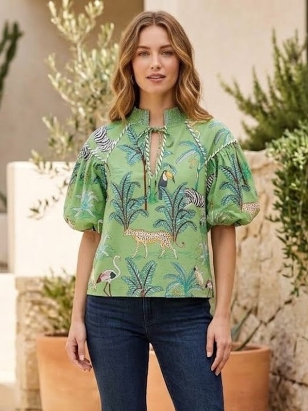 THML Green Jungle Animal Print Puff-Sleeve Blouse